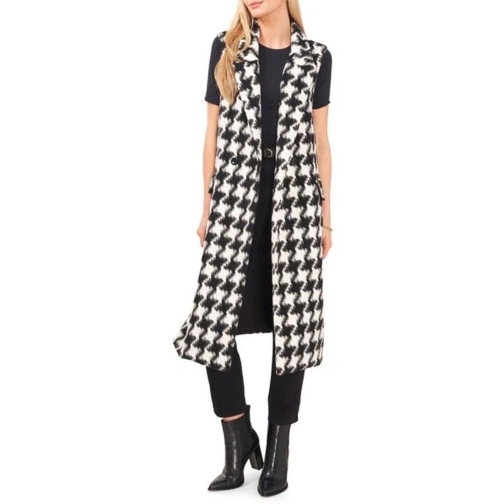 Vince Camuto Houndstooth Longline Vest Black White Wool Blend Sleeveless Coat M
